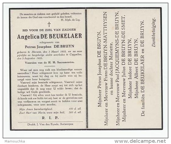 Doodsprentje Angelina DE BEUKELAER Echtg. Petrus Josephus De Bruyn Merxem 1855 Capellen 1922 (foto) - Devotion Images