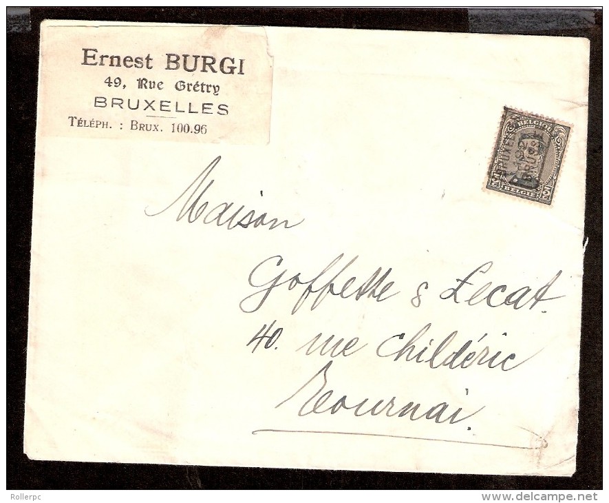 011614  Sc 110 - 3c ALBERT I  - ROLLER PREO - BRUXELLES/1921/BRUSSEL TO TOURNAI [ERNEST BURGI] COVER OPEN RIGHT SIDE - Roller Precancels 1920-29