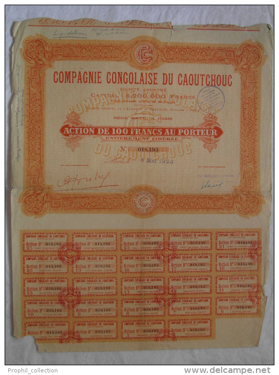 Action 100F 1928 Compagnie Congolaise Du Caoutchouc Societe Anonyme  Titre Coupons - Afrique