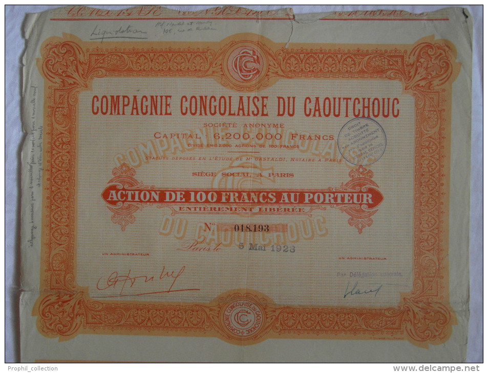 Action 100F 1928 Compagnie Congolaise Du Caoutchouc Societe Anonyme  Titre Coupons - Afrique