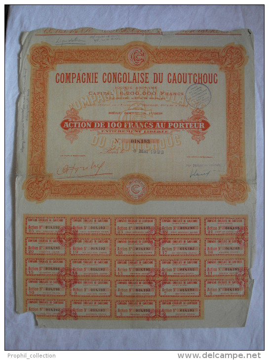 Action 100F 1928 Compagnie Congolaise Du Caoutchouc Societe Anonyme  Titre Coupons - Afrique