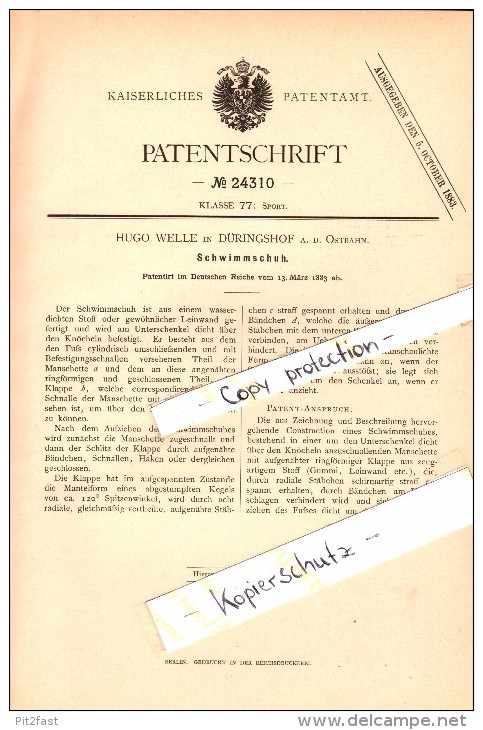 Original Patent - Hugo Welle In Dühringshof A.d. Ostbahn / Bogdaniec , 1883 , Schwimmschuh , Landsberg A. Warthe !!! - Posen