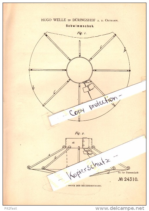 Original Patent - Hugo Welle In Dühringshof A.d. Ostbahn / Bogdaniec , 1883 , Schwimmschuh , Landsberg A. Warthe !!! - Posen