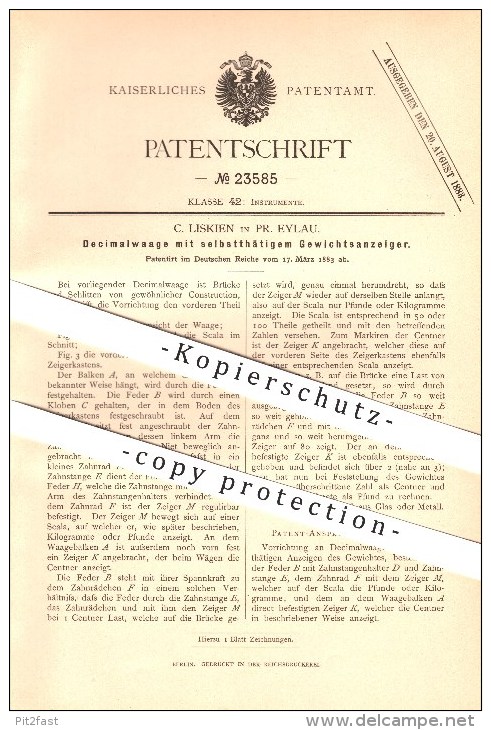 Original Patent - C. Liskien In Pr. Eylau / Bagrationowsk , 1883 , Dezimalwaage Mit Gewichtsanzeiger , Russland !!! - Ostpreussen