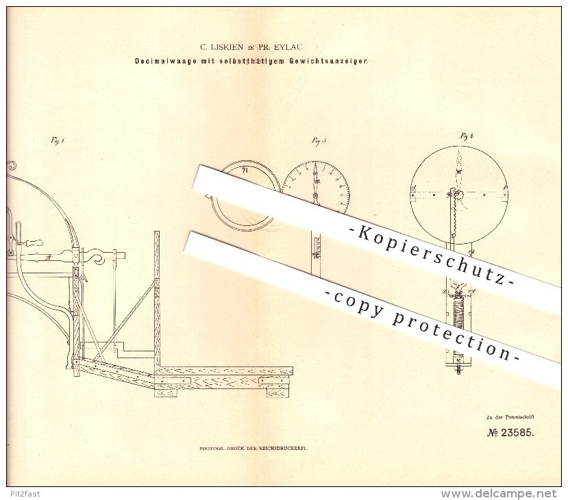 Original Patent - C. Liskien In Pr. Eylau / Bagrationowsk , 1883 , Dezimalwaage Mit Gewichtsanzeiger , Russland !!! - Ostpreussen