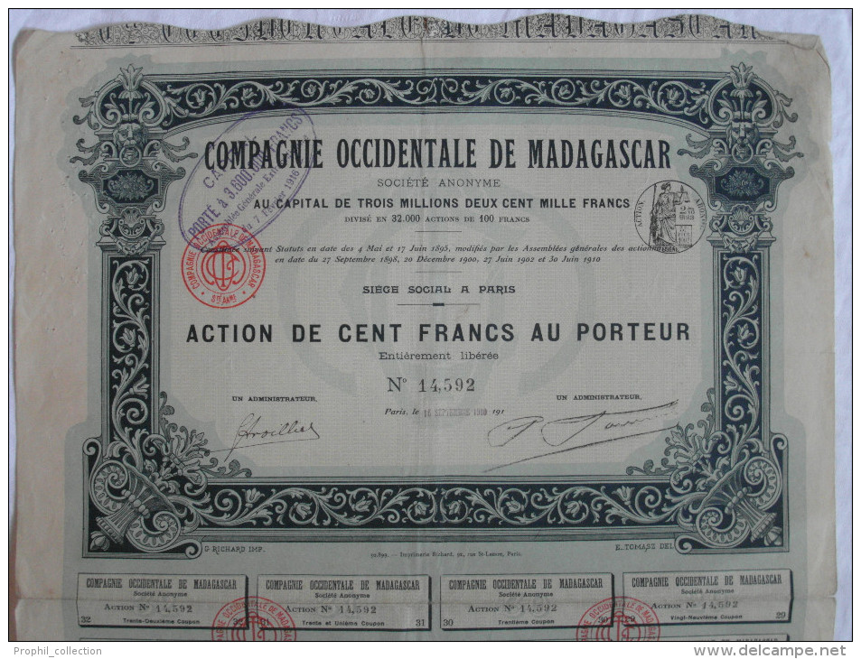 Action 1910 Compagnie Occidentale Madagascar 100 F Action Au Porteur TIMBRE HUMIDE Siege à Paris Emprunt Titre Coupons - Afrique