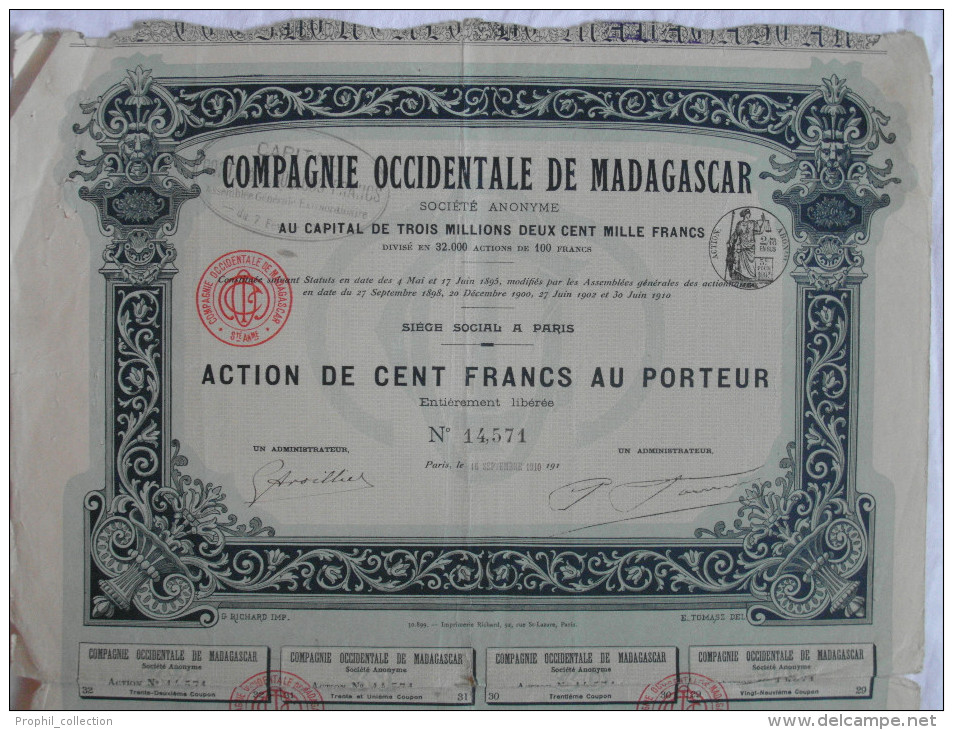 Action 1910 Compagnie Occidentale Madagascar 100 F Action Au Porteur TIMBRE HUMIDE Siege à Paris Emprunt Titre Coupons - Afrique