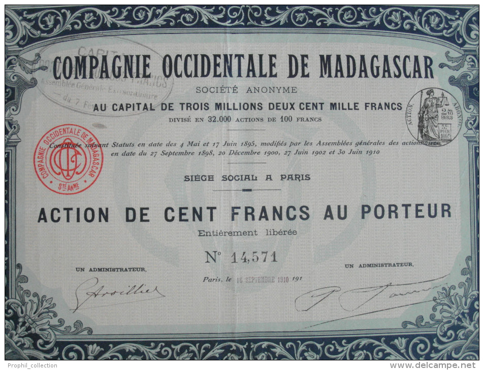 Action 1910 Compagnie Occidentale Madagascar 100 F Action Au Porteur TIMBRE HUMIDE Siege à Paris Emprunt Titre Coupons - Afrique