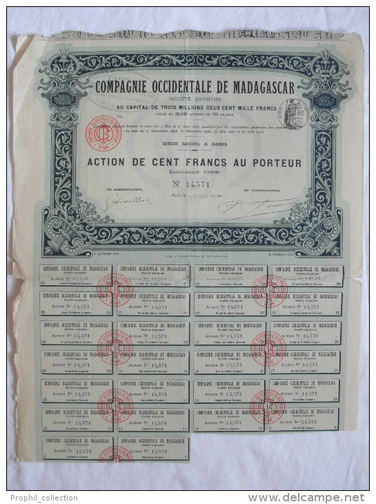 Action 1910 Compagnie Occidentale Madagascar 100 F Action Au Porteur TIMBRE HUMIDE Siege à Paris Emprunt Titre Coupons - Afrique