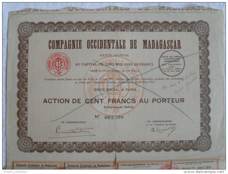 Action 1933 Compagnie Occidentale Madagascar 100 F Action Au Porteur  Siege à Paris Emprunt Titre Coupons - Afrika