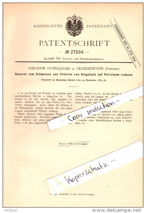 Original Patent - Theodor Honerjäger In Ueckermünde I. Mecklenburg , 1883 , Siegellack Für Petroleum-Lampen , Ückermünde - Ückermünde