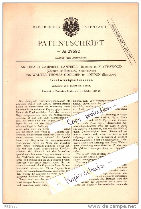 Original Patent - Archibald Campbell , Baronet In Blythswood , 1883 , Speedometer For Machines , Scotland !!! - Renfrewshire