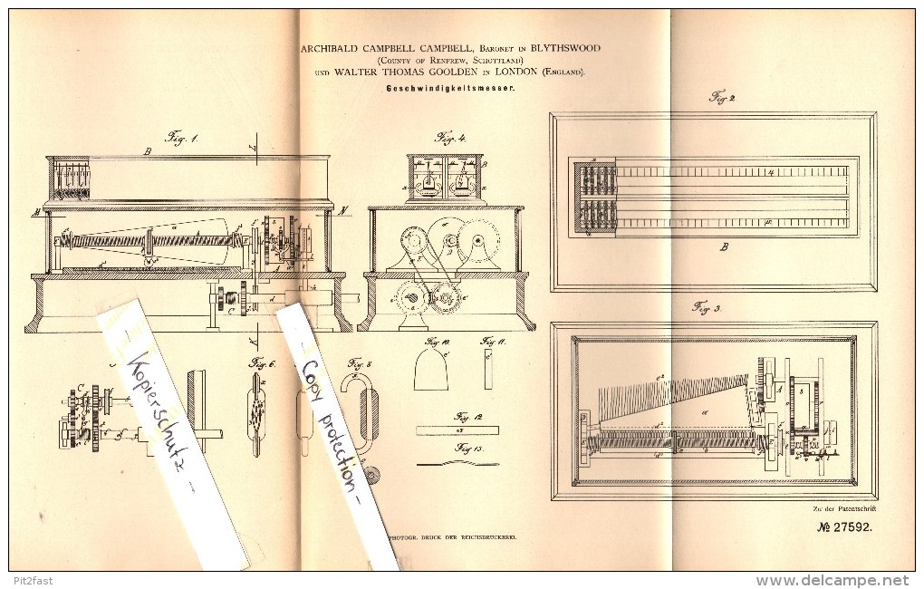 Original Patent - Archibald Campbell , Baronet In Blythswood , 1883 , Speedometer For Machines , Scotland !!! - Renfrewshire