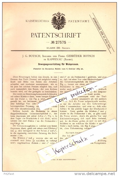 Original Patent - J.G. Botsch In Rappenau I. Baden , 1883 , Apparat Für Weinpressen , Wein , Weinbau !!! - Other & Unclassified