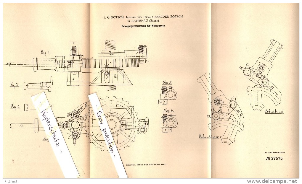 Original Patent - J.G. Botsch In Rappenau I. Baden , 1883 , Apparat Für Weinpressen , Wein , Weinbau !!! - Other & Unclassified