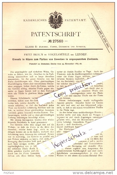 Original Patent - Fritz Braun In Vogelsmühle B. Radevormwald , 1883 , Färben Von Gewebe !!! - Radevormwald