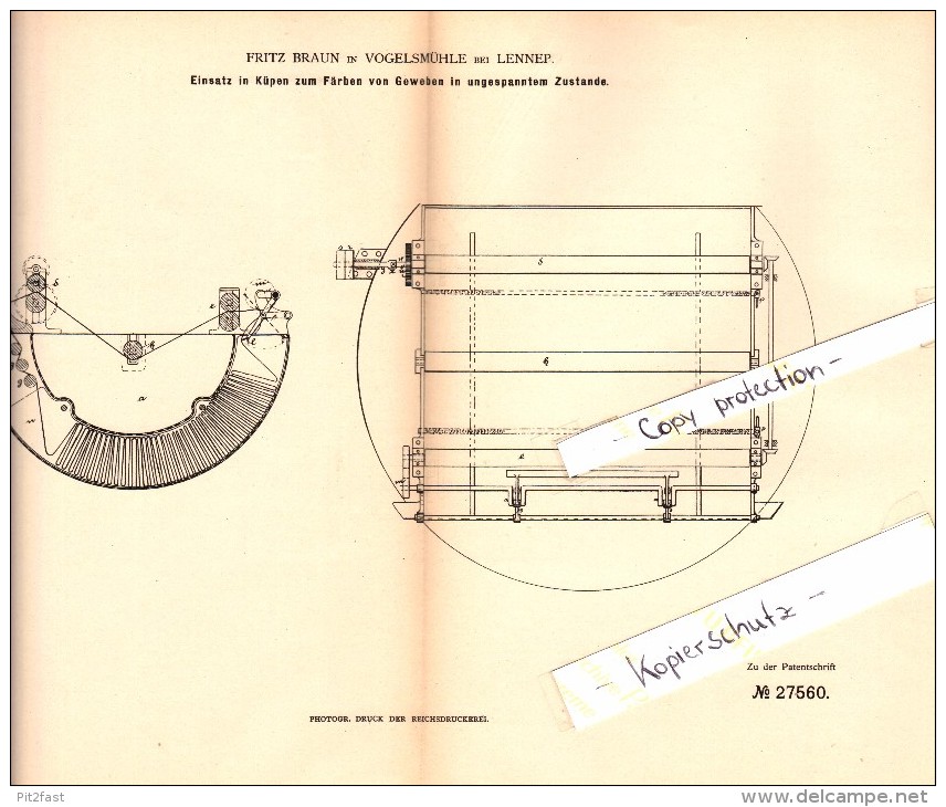 Original Patent - Fritz Braun In Vogelsmühle B. Radevormwald , 1883 , Färben Von Gewebe !!! - Radevormwald