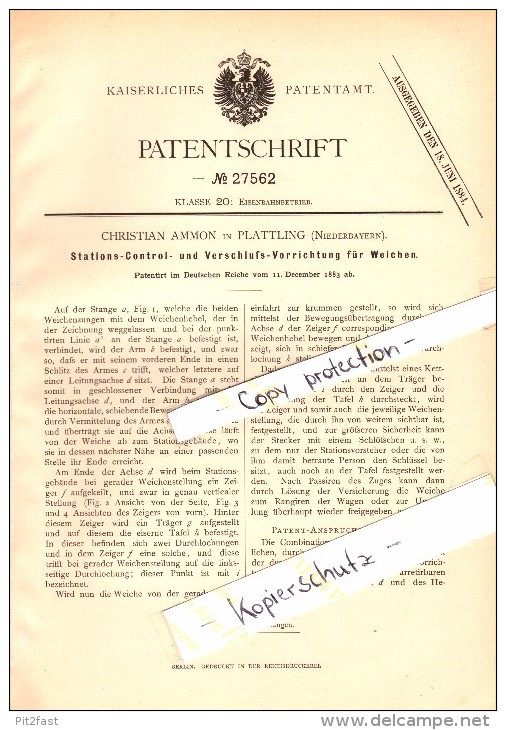 Original Patent - Christian Ammon In Plattling , Niederbayern , 1883 , Stations-Controlle Für Weichen , Eisenbahn !!! - Plattling