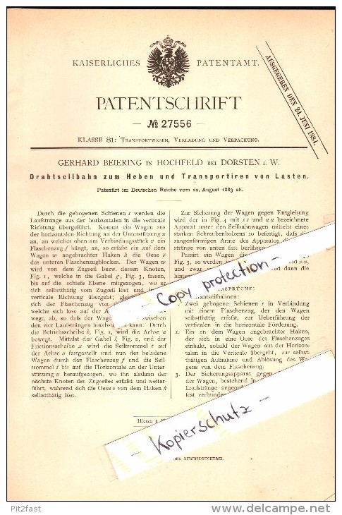 Original Patent - Gerhard Beiering In Hochfeld B. Dorsten I.W. , 1883 , Drahtseilbahn , Seilbahn !!! - Dorsten