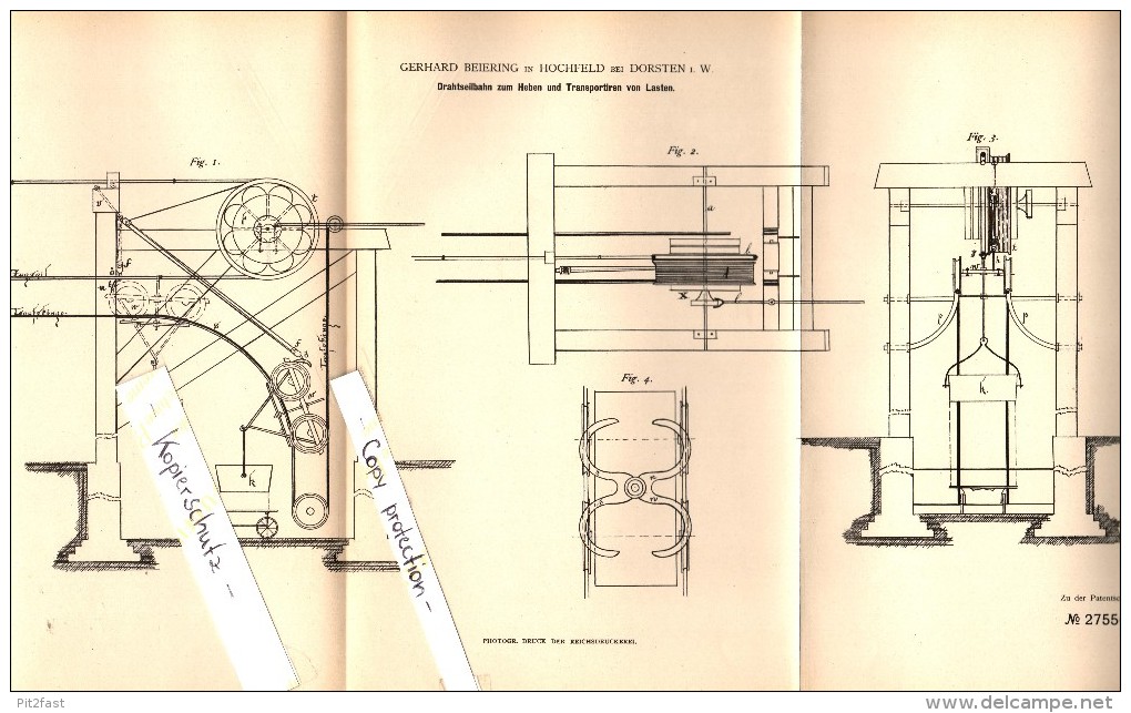 Original Patent - Gerhard Beiering In Hochfeld B. Dorsten I.W. , 1883 , Drahtseilbahn , Seilbahn !!! - Dorsten