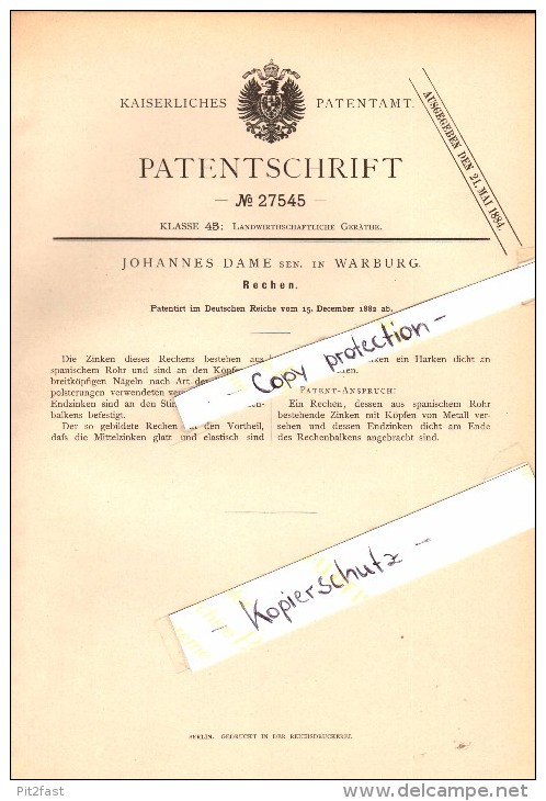 Original Patent - Johannes Dame In Warburg , 1882 , Rechen Für Landwirtschaft , Agrar !!! - Warburg