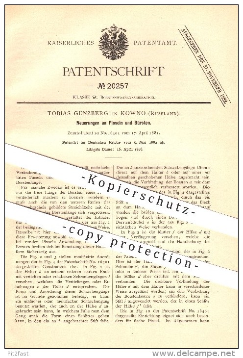 Original Patent - Tobias Günzberg In Kowno / Kaunas , Russland , 1882 , Neuerungen An Pinseln Und Bürsten !!! - Documents Historiques