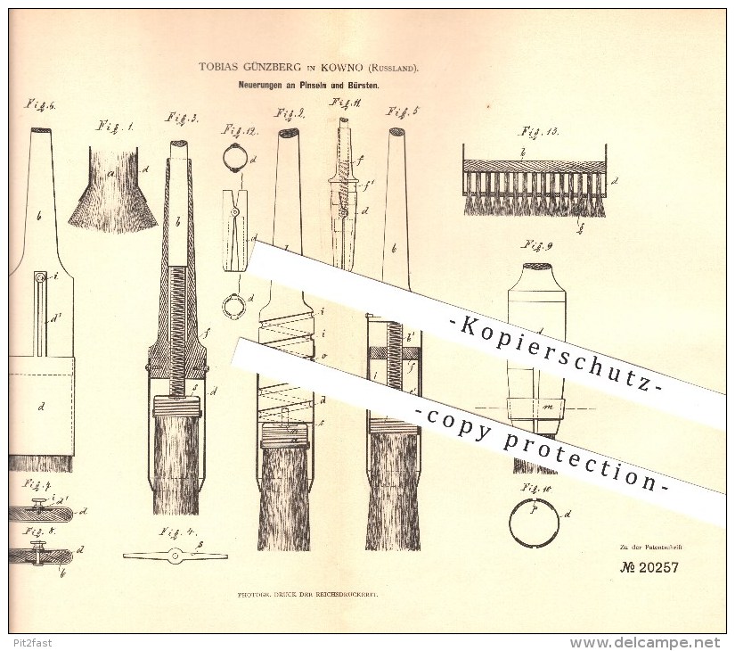 Original Patent - Tobias Günzberg In Kowno / Kaunas , Russland , 1882 , Neuerungen An Pinseln Und Bürsten !!! - Documents Historiques