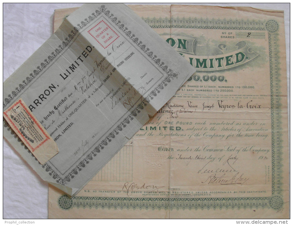 Action Share 1920 CHARRON LIMITED Avec Son Certificat De On Quarter Share Valence Drome Emprunt Titre - Auto's