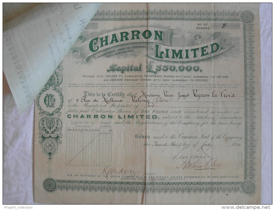 Action Share 1920 CHARRON LIMITED Avec Son Certificat De On Quarter Share Valence Drome Emprunt Titre - Automobil