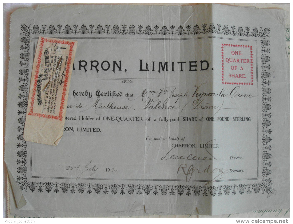Action Share 1920 CHARRON LIMITED Avec Son Certificat De On Quarter Share Valence Drome Emprunt Titre - Cars