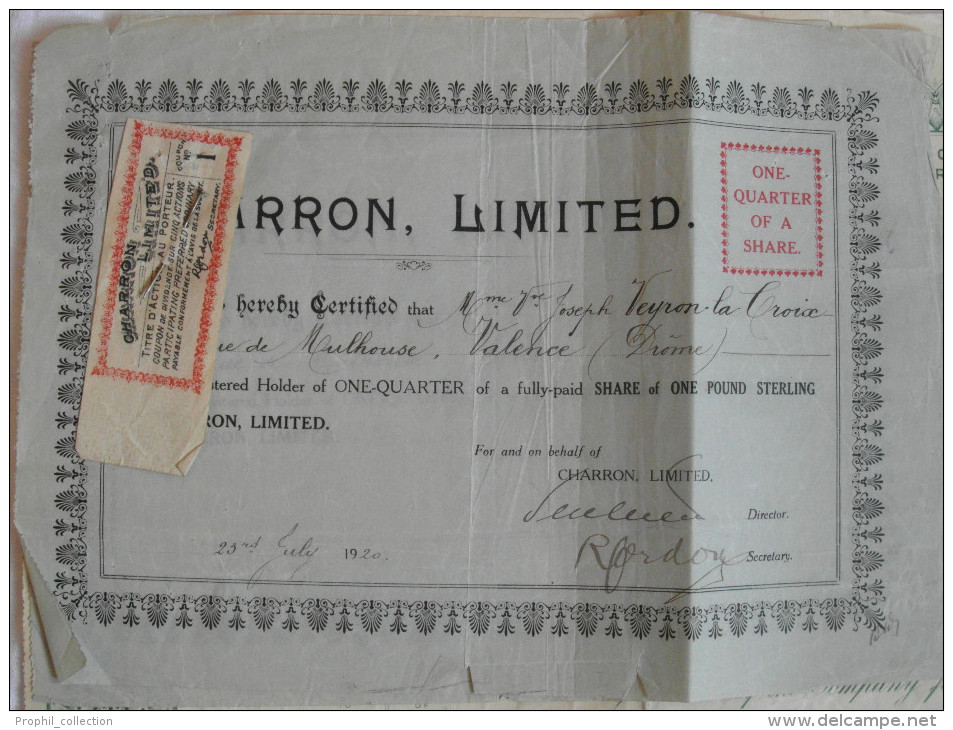 Action Share 1920 CHARRON LIMITED Avec Son Certificat De On Quarter Share Valence Drome Emprunt Titre - Automobile