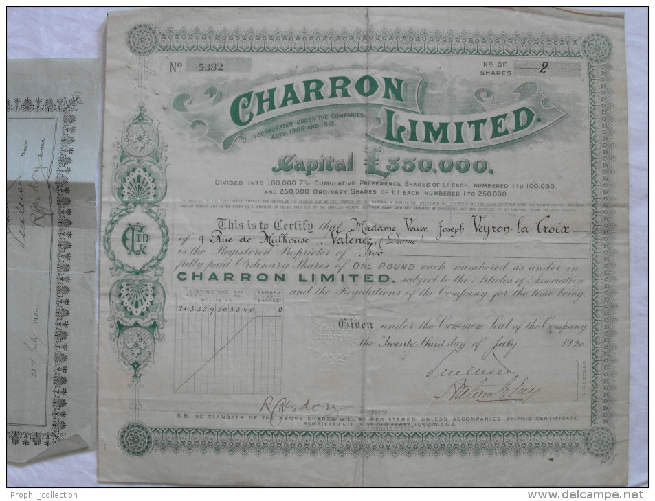 Action Share 1920 CHARRON LIMITED Avec Son Certificat De On Quarter Share Valence Drome Emprunt Titre - Automobil