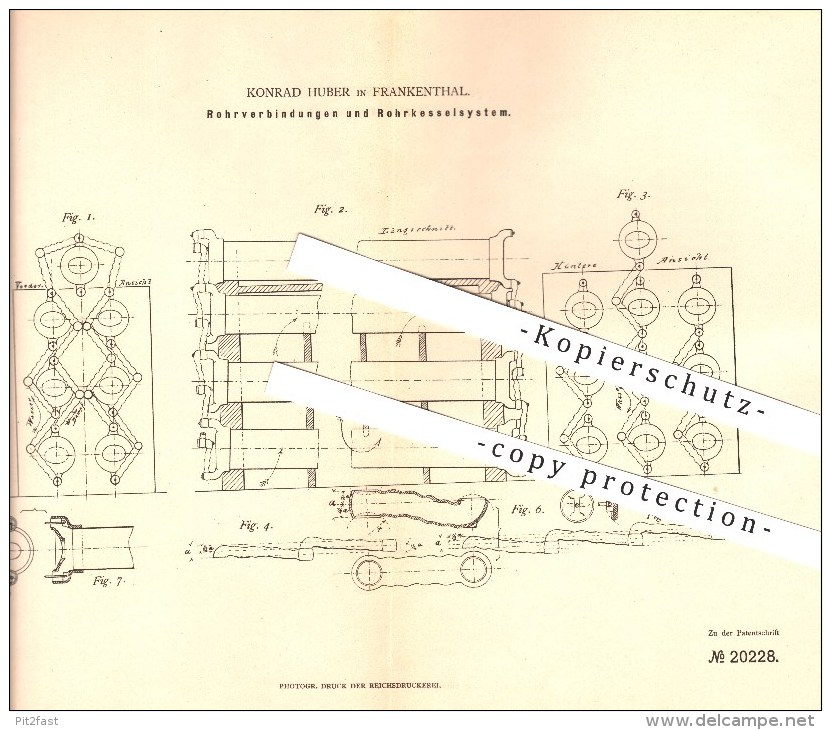 Original Patent - Konrad Huber In Frankenthal , 1882 , Rohrverbindungen Und Rohrkesselsystem , Dampfkessel !!! - Historische Dokumente