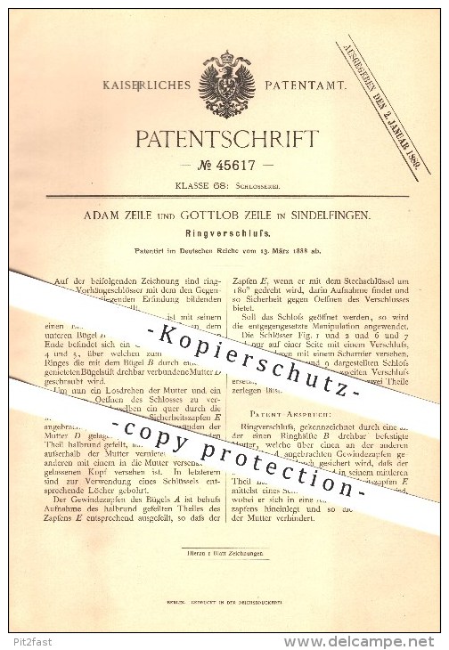 Original Patent - Adam Zeile Und Gottlob Zeile In Sindelfingen , 1888 , Ringverschluss , Schlosser !!! - Sindelfingen