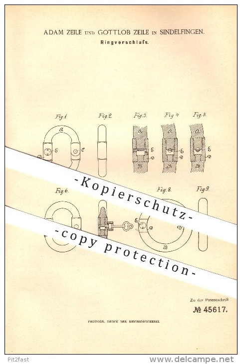 Original Patent - Adam Zeile Und Gottlob Zeile In Sindelfingen , 1888 , Ringverschluss , Schlosser !!! - Sindelfingen