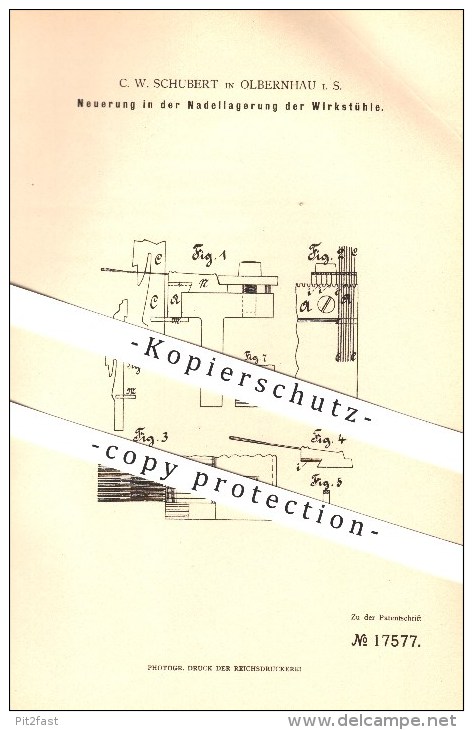 Original Patent - C. W. Schubert In Olbernhau I. S. , 1881 , Neuerung In Der Nadellagerung Der Wirkstühle !!! - Olbernhau