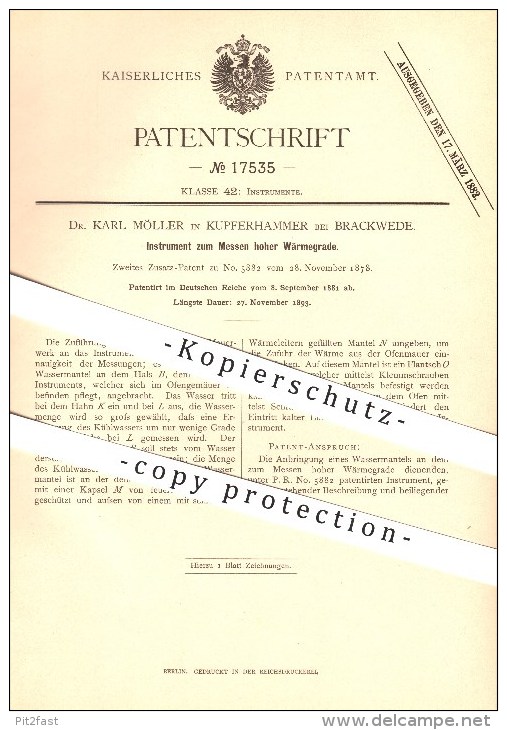 Original Patent - Dr. Karl Möller In Kupferhammer Bei Brackwede , 1881 , Instrument Für Hohe Wärmegrade , Bielefeld !!! - Bielefeld