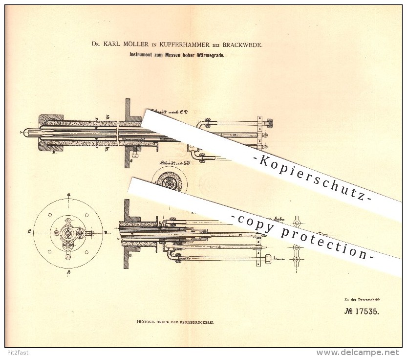 Original Patent - Dr. Karl Möller In Kupferhammer Bei Brackwede , 1881 , Instrument Für Hohe Wärmegrade , Bielefeld !!! - Bielefeld