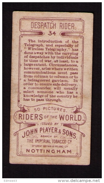 Petite Image (trade Card) Cigarettes John Player, « Riders Of The World » (cavaliers), N° 34, Despatch Rider, Télégraphe - Player's