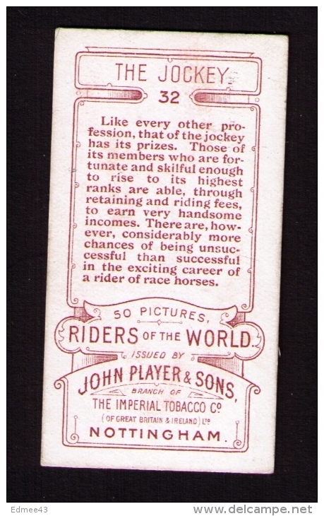 Petite Image (trade Card) Cigarettes John Player, « Riders Of The World » (cavaliers), N° 32, Jockey - Player's