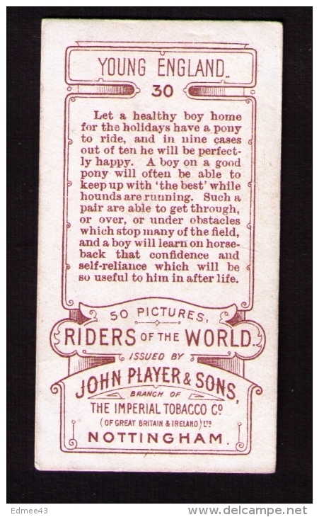 Petite Image (trade Card) Cigarettes John Player, « Riders Of The World » (cavaliers), N° 30, Angleterre, équitation - Player's