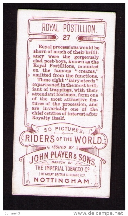 Petite Image (trade Card) Cigarettes John Player, « Riders Of The World » (cavaliers), N°27, Royal Postillon, Angleterre - Player's