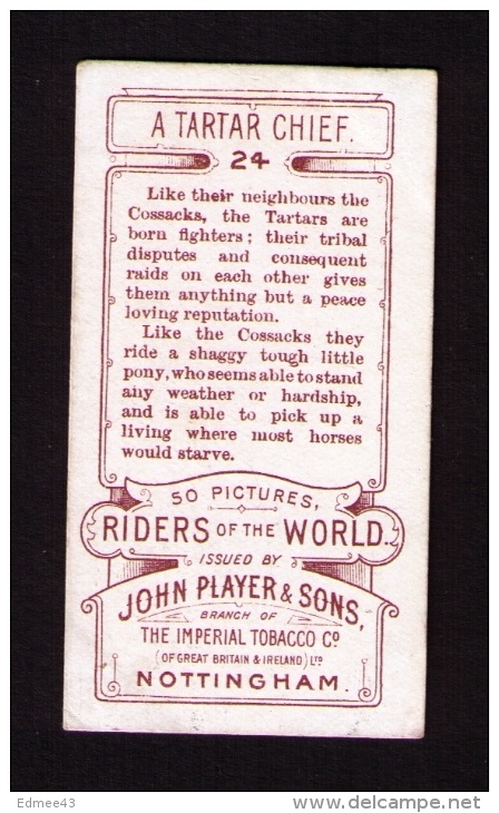 Petite Image (trade Card) Cigarettes John Player, « Riders Of The World » (cavaliers), N°24, Chef Tartare - Player's