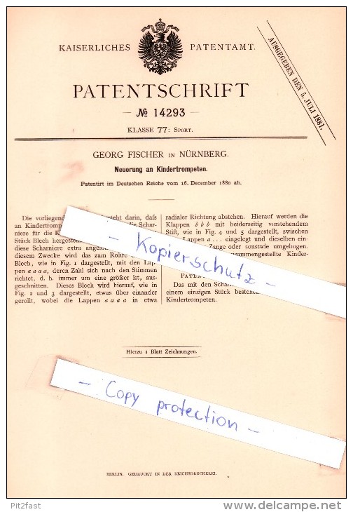 Original Patent - Georg Fischer In Nürnberg , 1880 , Kindertrompeten , Trompete , Trumpet , Brass !!! - Musikinstrumente