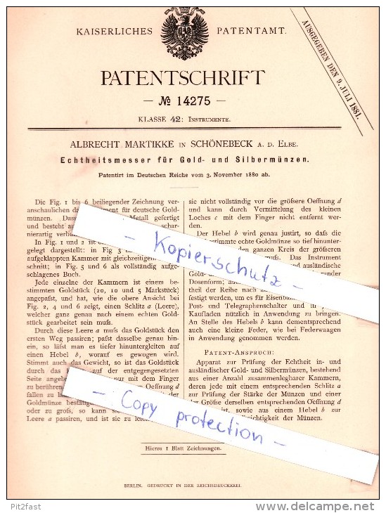 Original Patent - A. Martikke In Schönebeck A. D. Elbe , 1880 , Echtheitsmesser Für Goldmünze Und Silbermünzen !!! - 5, 10 & 20 Mark Gold