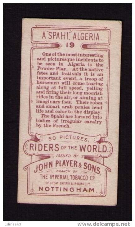 Petite Image (trade Card) Cigarettes John Player, « Riders Of The World » (cavaliers), N° 19, Spahi, Algérie - Player's