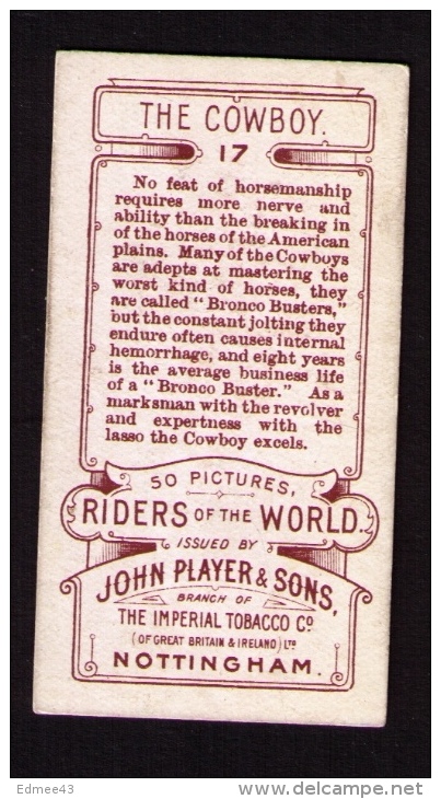 Petite Image (trade Card) Cigarettes John Player, « Riders Of The World » (cavaliers), N° 17, Cowboy, États-Unis - Player's