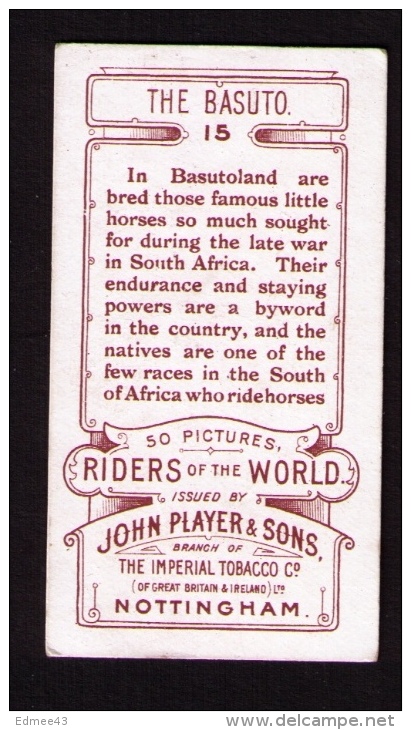 Petite Image (trade Card) Cigarettes John Player, « Riders Of The World » (cavaliers), N° 15, Basuto, Afrique Du Sud - Player's