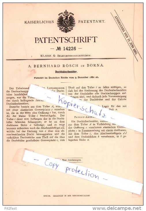 Original Patent - A. Bernhard Rösch In Borna , 1880 , Dochtabschneider !!! - Borna