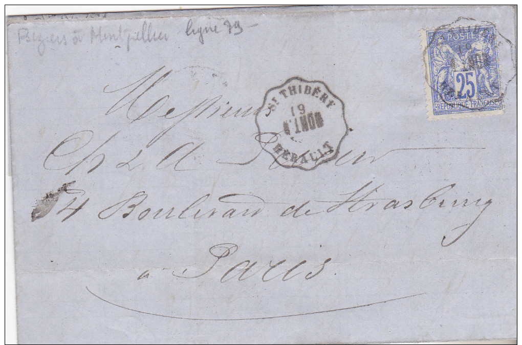 1876.Lettre De La Serre Pour Parix, Cachet Convoyeur Station ST Thibery Herault (double).Complet Tb état - Poste Ferroviaire